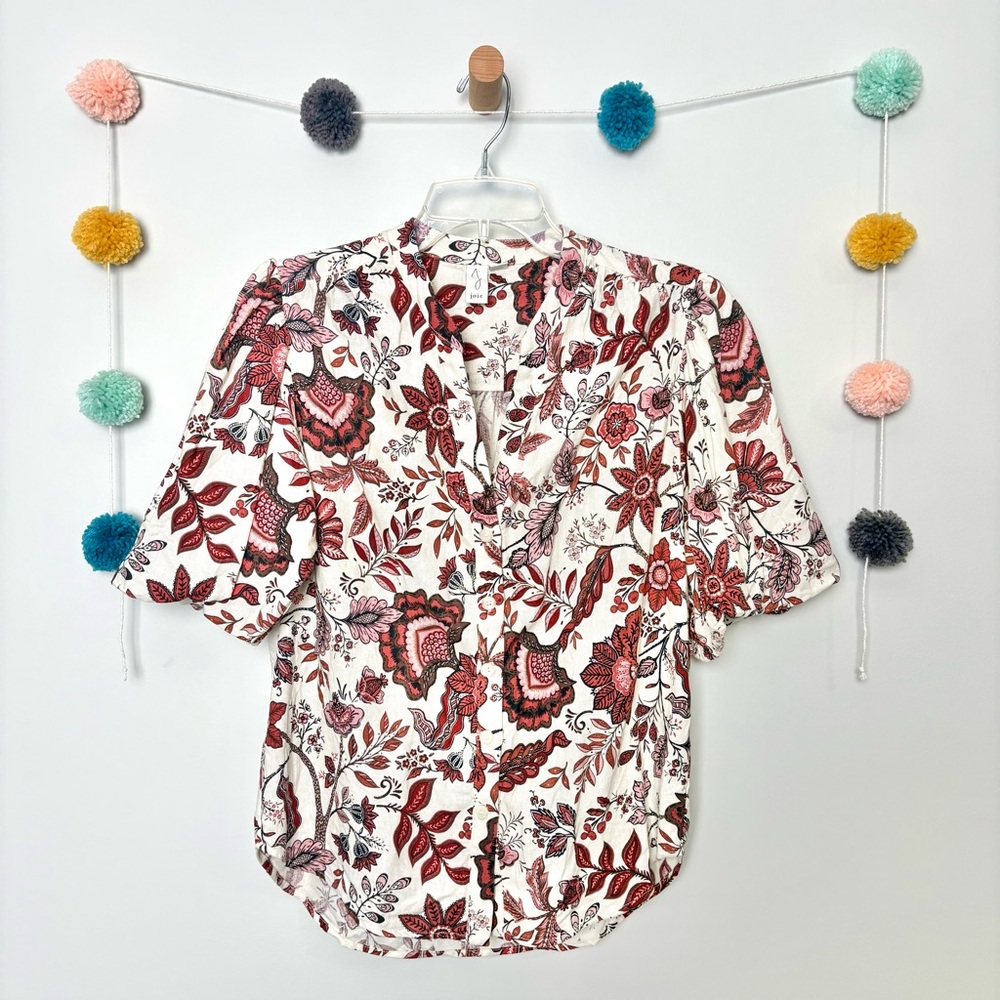 Joie Linen Blend Floral White Button Up Blouse